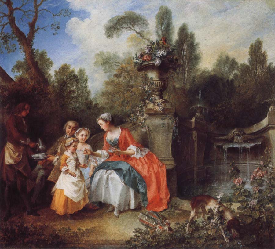A Lady in a Garden Taking coffee with some Children